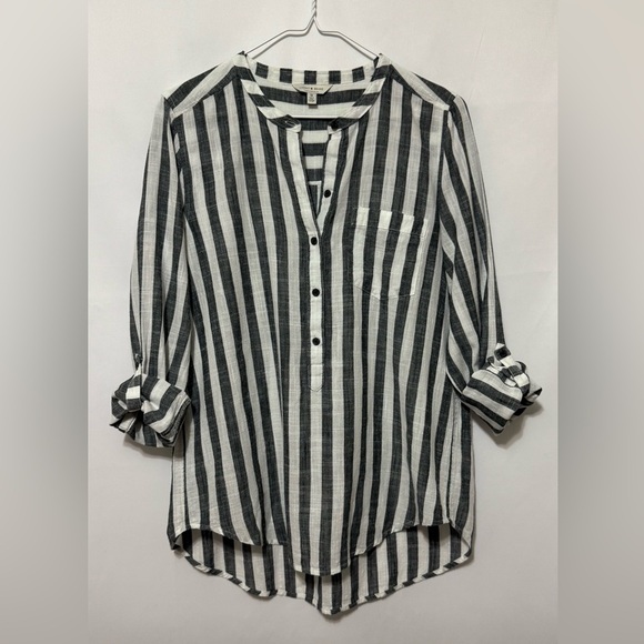 Lucky Brand Striped Tunic Mandarin Collar Top Henley Roll Tab Sleeves Medium - Picture 1 of 9